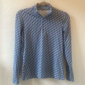 J. McLaughlin size Small equestrian theme 1/4 zip top.  Periwinkle/beige/black.